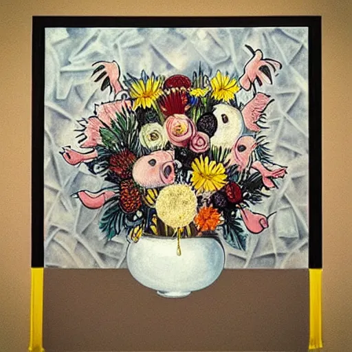 Image similar to “a portrait in an art student’s apartment, feminine pigs as flowers in an elaborate dramatic flower arrangement, pork, ikebana white flowers, white wax, squashed berries, acrylic and spray paint and oilstick on canvas, by munch and Dali”