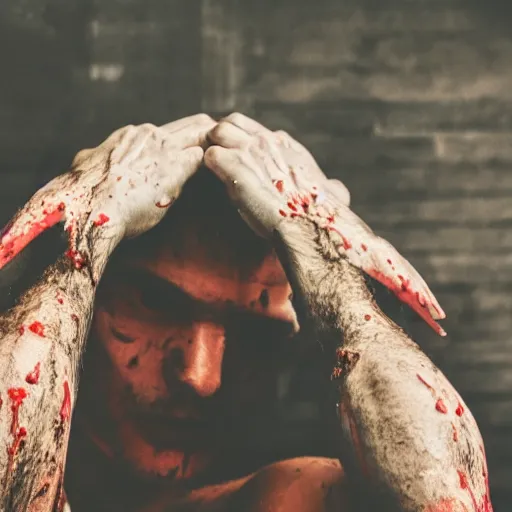 Image similar to ultra detailed photo of a man with many bloody arms covering his entire body