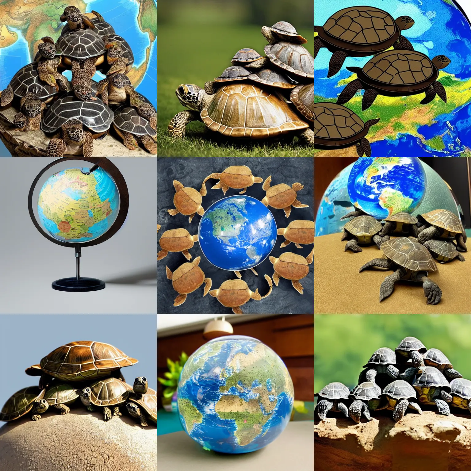 Image similar to a stack of turtles beneath a globe of the earth, earth globe on top