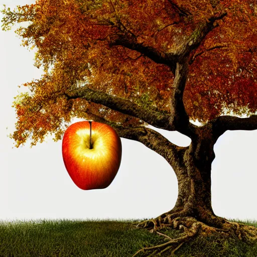 Prompt: a humanoid apple sitting under an oak tree being hit in the head by a falling Isaac Newton, hyper realistic, 4k