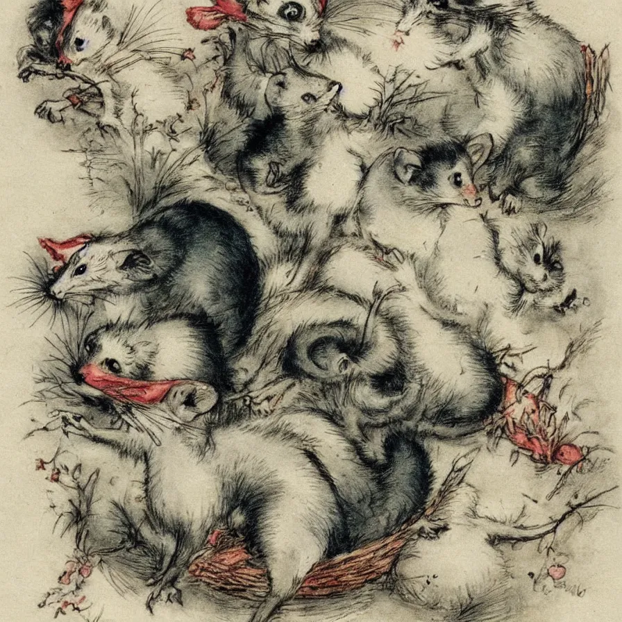 Prompt: Louis Icart, an old elaborate colored drawing of adorable little rats by Louis Icart, highly detailed, masterpiece