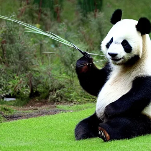 Image similar to a panda mowing his lawn