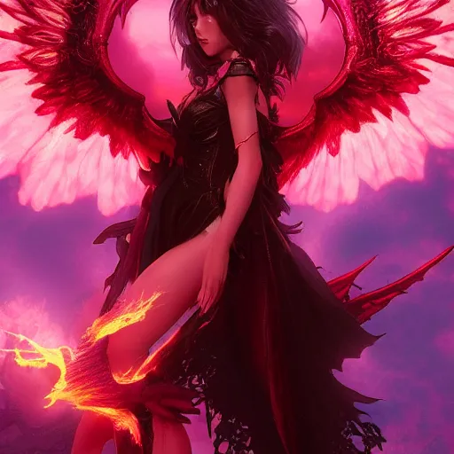 Prompt: young vampiress with burning wings in a pink castle 4 k high definition gorgeous dramatic lighting artstation trending path traced contrast light and dark cinematic breathtaking by hughes, edward robert, noriyoshi ohrai and hans zatzka