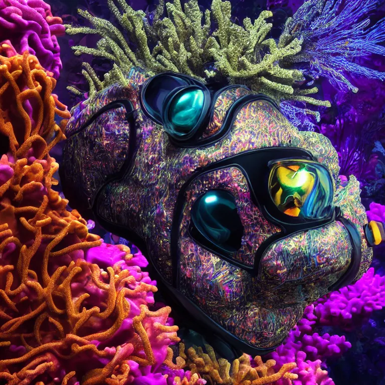 Image similar to octane render portrait by wayne barlow and carlo crivelli and glenn fabry, subject is a shiny reflective psychedelic colorful black ops scuba diver with small dim lights inside helmet, surrounded by bubbles inside an exotic alien coral reef aquarium full of exotic fish and sharks, cinema 4 d, ray traced lighting, very short depth of field, bokeh