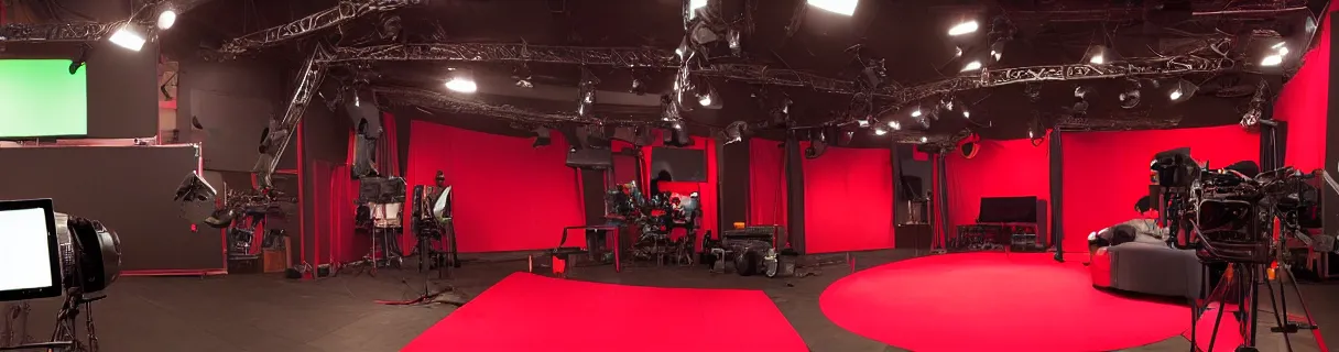 Image similar to photo of a movie set with a single big green screen with red tracking markers dots, studio, movie set, realistic, studio lighting