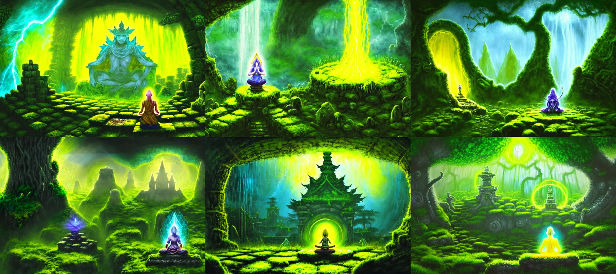 Prompt: a wanderer wearing yellow sits in meditation at an ancient shrine. mossy decrepit ruins in a forgotten land. magical leylines emit streaks of various colors of mana streams. a final fantasy concept splash oil painting of a rogue mage absorbing powers from the dungeon depths in an enchanted garden.