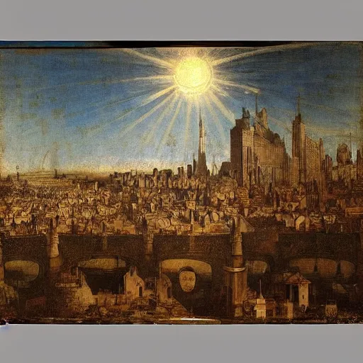Prompt: A painting by Leonardo da Vinci of a city with tall buildings being overun by owls, dramatic lighting, cinematic, sunny day