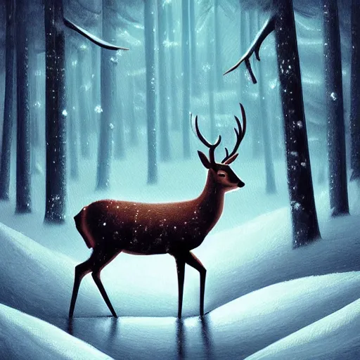 Prompt: a painting of a deer in a snowy forest, a digital painting by petros afshar, featured on deviantart, fantasy art, nightscape, digital illustration, official art