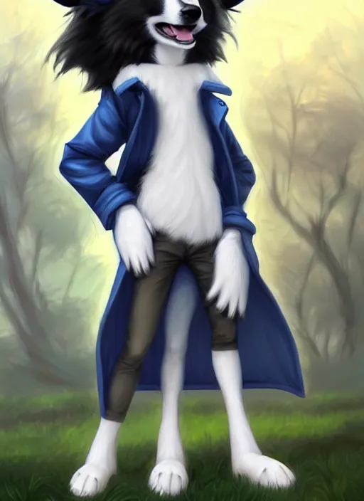 Image similar to full body digital painting of a cute male anthropomorphic border collie fursona wearing a trenchcoat and blue denim shorts in front of a park, furaffinity, scenic background, intricate, elegant, beautiful, fantasy, highly detailed, trending on artstation, art by charlie bowater and henry asencio and and ross tran