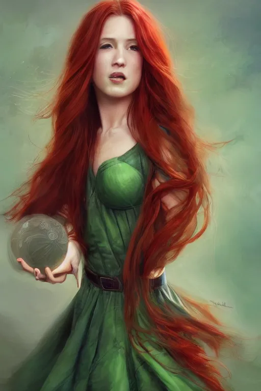 Image similar to beautiful cute red haired joyful and playful 1 9 year old maiden standing up in a green dress, long hair, sci - fi, fantasy, intricate, elegant, digital painting, artstation, concept art, smooth, 8 k frostbite 3 engine, ultra detailed, art by artgerm and greg rutkowski and magali villeneuve