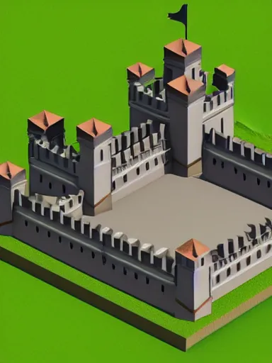 Image similar to medieval castle in a jungle with towers and moat, 3 d, isometric, low poly