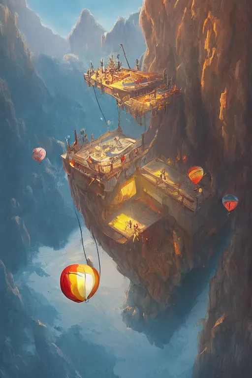 Image similar to a house floating with balloons, near the mountains and below is a deep canyon, dream core art, dynamic lighting, fantasy concept art, trending on art station, stunning visuals, creative, cinematic, ultra detailed