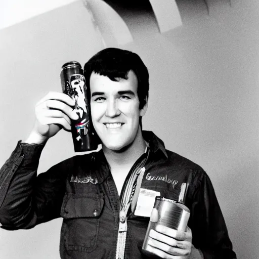 Image similar to young Bruce Campbell holding redbull can to the camera