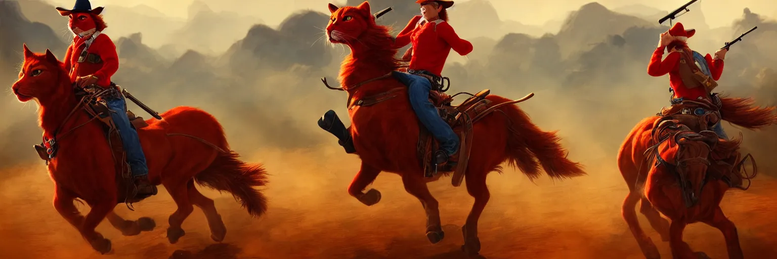 Image similar to a red cat wearing a blue hat while riding a horse and shooting a gun into the air, wild west background, digital art, amazing quality, perfect lighting. Professional design. Great composition. Mind blowing detail. award winning art. impressive colors. trending on artstation.