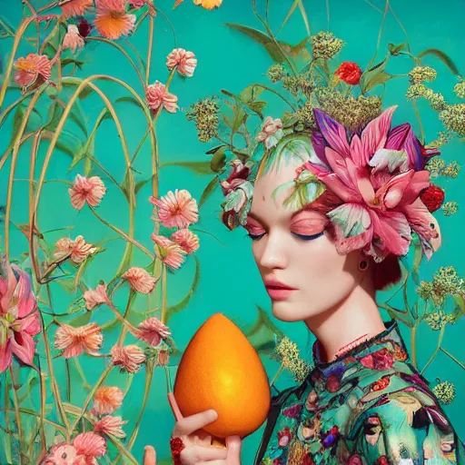 Image similar to pretty model with botanical and bright fruits : : by martine johanna and simon stalenhag and chie yoshii and casey weldon and wlop : : ornate, dynamic, particulate, rich colors, intricate, elegant, highly detailed, vogue, harper's bazaar art, fashion magazine, smooth, sharp focus, 8 k, octane render