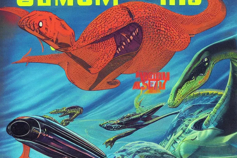 Prompt: 1979 OMNI Magazine Cover depicting An electric eel flying at a dinosaur. Cyberpunk Akira style by Vincent Di Fate