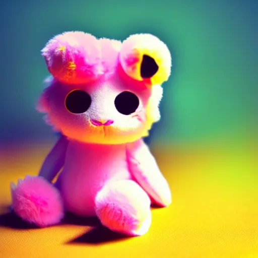 Image similar to lomography long shot of cute plush fluffy chthonic monster made to look like a baby, bokeh background, lsd colors