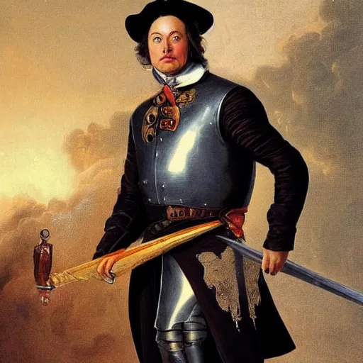 Image similar to elon musk as a musketeer, he has a big hat and holds a shiny sword