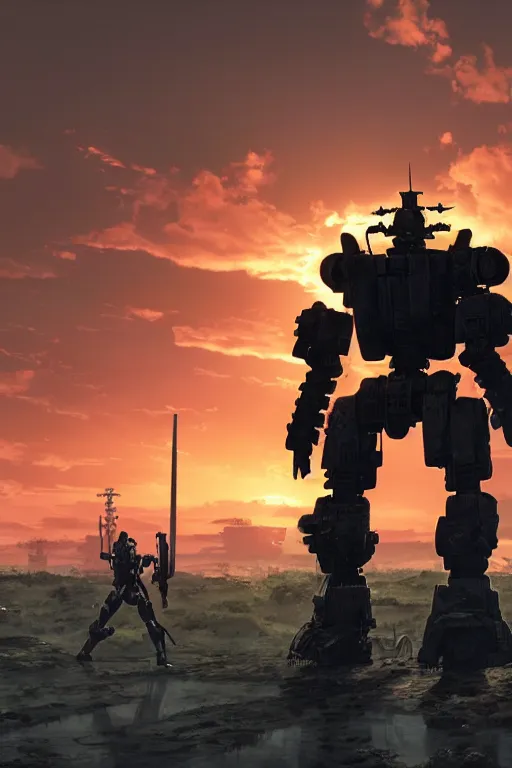 Image similar to A real photo of Samurai Mechwarrior Robot and the sunset in the distance, by Josan Gonzalez, Yoji Shinkawa and Geof Darrow, highly detailed, Unreal Engine Render, 3D, 8k wallpaper