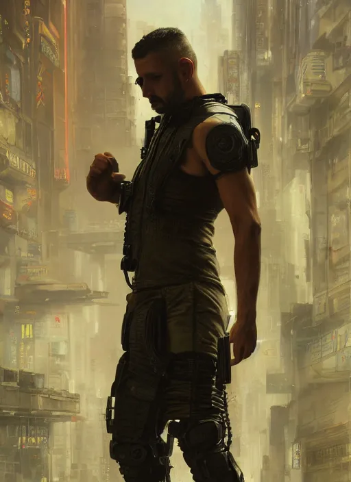 Image similar to cyberpunk jujitsu instructor. cyberpunk mercenary in a military vest ( blade runner 2 0 4 9, cyberpunk 2 0 7 7 ). orientalist portrait by john william waterhouse and james gurney and theodore ralli and nasreddine dinet, oil on canvas. cinematic, hyper realism, realistic proportions, dramatic lighting, high detail 4 k