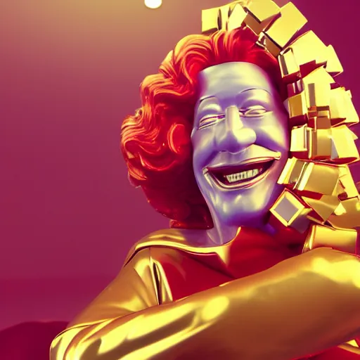 Image similar to A still of Ronald McDonald surrounded by gold and diamonds, Award-winning, photograph, 3d render, unreal engine, 4k detailed