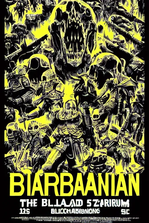 Prompt: armored barbarians, loaded with weapons and animal skulls, horror sci - fi black and yellow poster