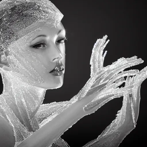 Image similar to gorgeous woman made out of clear ice crystals, extremely high detail and masterful composition, highly symmetric, 8K, Leica Vario-Elmar-S 30-90mm f/3.5-5.6 ASPH