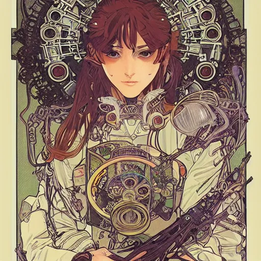 Image similar to alphonse mucha yoji shinkawa moebius jean girard shintaro kago junji ito esoteric hypnogogic ethereal ethereality dreamy combat mech dieselpunk incredible intricate machinery illusionary art and trash polka