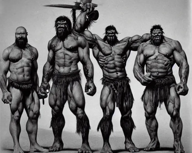 Prompt: hyper realistic group vintage photograph of a warrior orc tribe, tall, muscular, hulk like physique, sharp fangs and tusks, big arms, big hands, big feet, armored, tribal paint, highly detailed