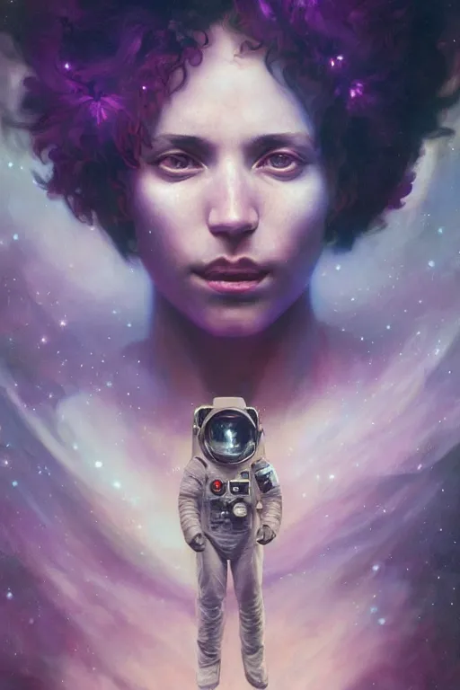 Image similar to A mystical mesmerizing 8k hyperrealistic Photo Portrait of an astronaut transforming into a purple haze, soft, sharp focus, detailed, art by Greg Rutkowski and artgerm and Alphonse Mucha