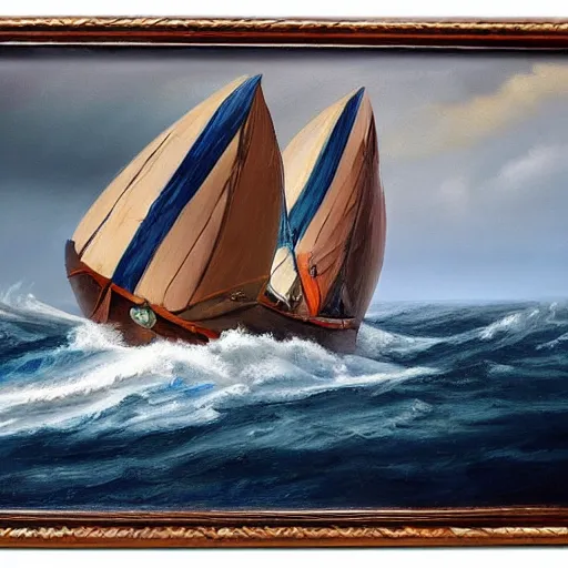 Image similar to wooden boat with sails in stormy sea with dart weider, oil painting, 4 k