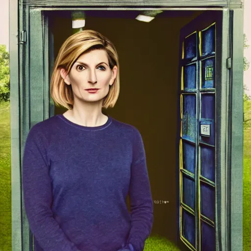 Image similar to Jodie Whittaker, the 13th doctor leaning against her TARDIS studio photography in the style of Annie Leibovitz, digital art