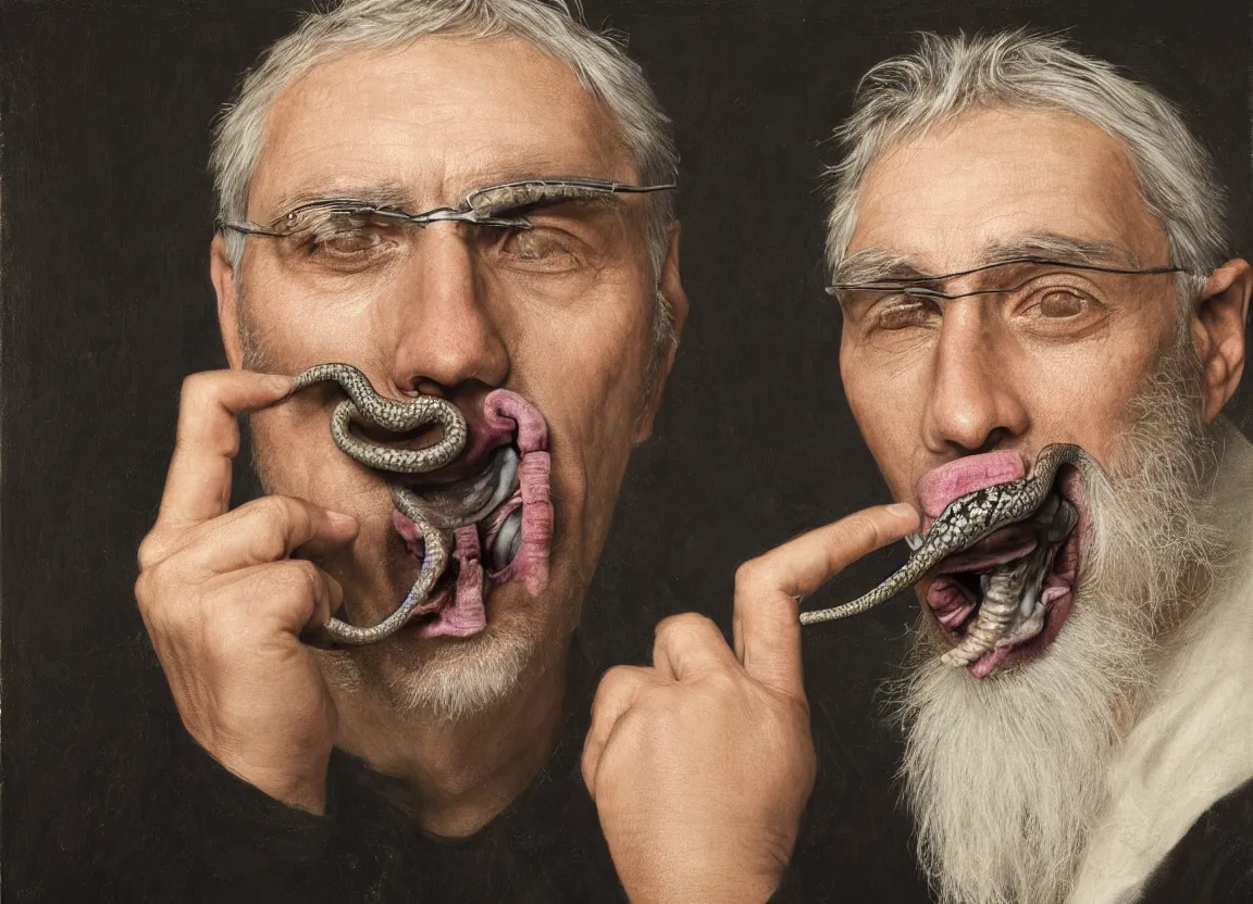 Image similar to Highly detailed portrait of a man with gray hair, a black eye patch, and a snake in his mouth