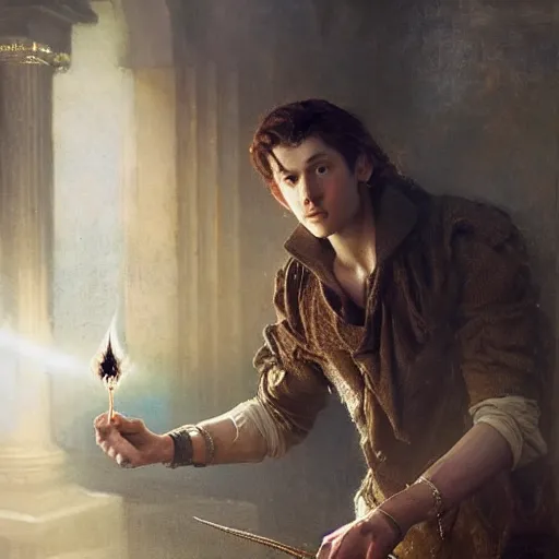 Image similar to a handsome slender young man with wavy brown hair summons a ball of light into his hand. urban fantasy. modern. dramatic. cinematic. holy. saintly. demigod. lord of light. detailed. sharp. photo realistic. realism. gaston bussiere. geoffroy thoorens