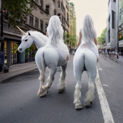 Prompt: two white unicorns riding bikes in city street, photoreal