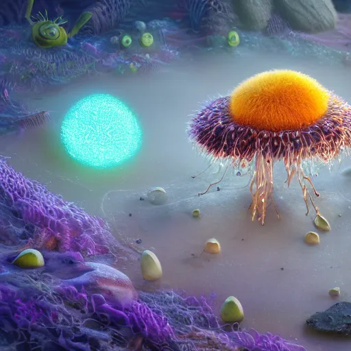 Prompt: tiny spells, vegetation, expressive eyes, floating, rbc, radiolaria, protophyta, micro - organisms, center frame, symmetric, rim light, marine microbiology, bioluminescence, electric, fur, soft, concept art, intricate details, highly detailed, colorful, photorealistic, disney pixar, octane render, iridescent, anime, 8 k