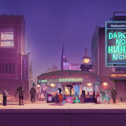 Image similar to few people waiting in a bus stop in dark city night, detailed, high quality, high resolution, screenshot from Zootopia