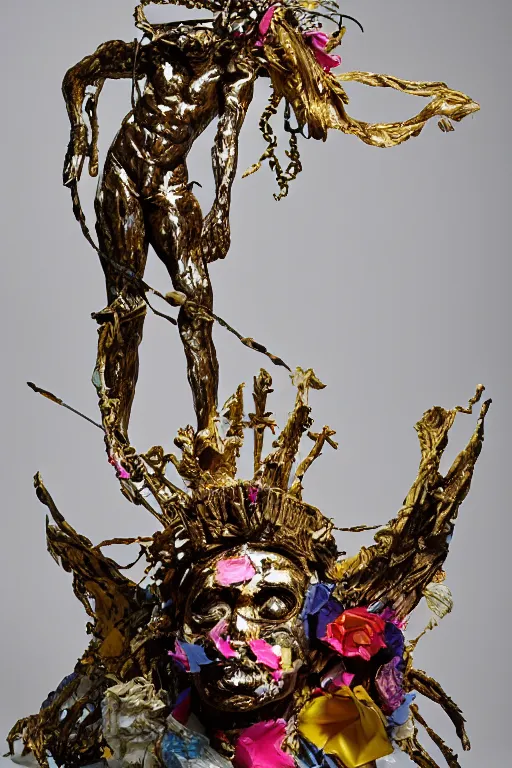 Image similar to a papercraft scene made entirely of pipecleaners and crumpled foil of Jean-Michel Basquiat as a full-body bronze baroque statue of Icarus in the posing like a bird for flight, crown of peach roses, flowing pink-colored silk, fabric, flowers. baroque elements, human skull. full-length view. baroque element. intricate artwork by caravaggio. many many birds birds on background. Trending on artstation, octane render, cinematic lighting from the right, hyper realism, octane render, 8k, depth of field, 3D