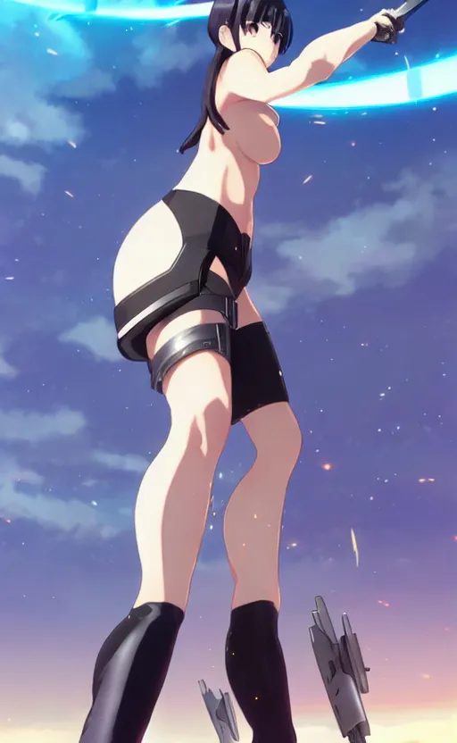 Prompt: a beautiful thicc futurstic warrior, sleek and smooth design, standing in a battle field on an alien world, by makoto shinkai an krenz cushart