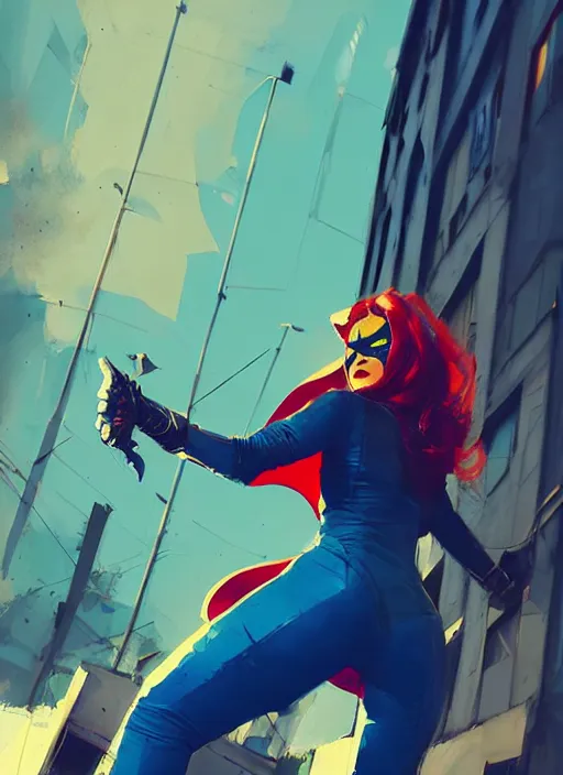 Image similar to superheroine hellcat, blue building in the background, art by ismail inceoglu
