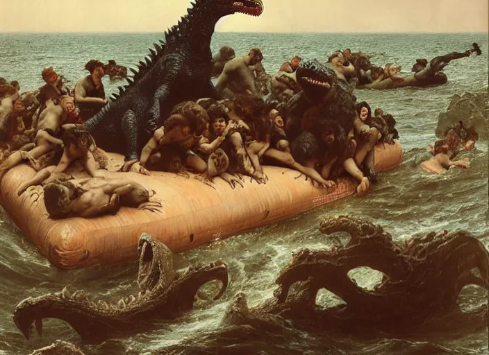 Image similar to godzilla attacking the raft of the medusa, painting by lawrance alma - tadema, 4 k, hyper - realistic, highly detailed