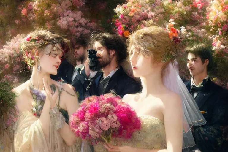 Image similar to the groom look at the bride at a wedding full of flowers, bright and happy, dreamlike art, highly detail, 4 k realistic, wedding photoy krenz cushart, artem demura, yoji shinkawa artgerm, jon lothian, danilo torres. adi meyers. thomas reimann. gaston bussiere.