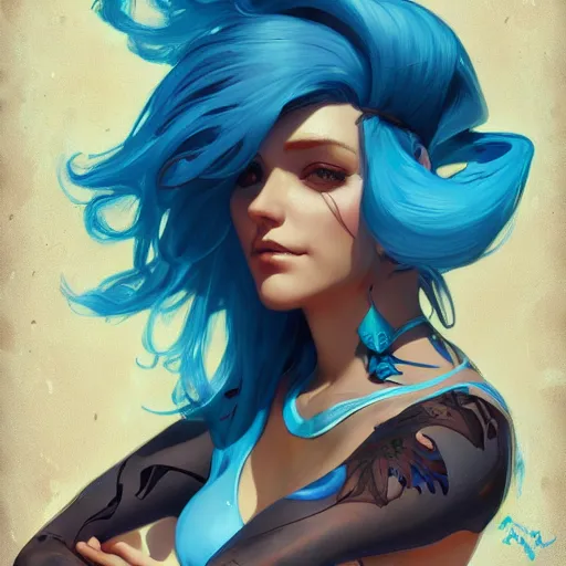 Prompt: beautiful girl portrait with blue hair wearing a bikini, symmetrical face, character concept, character concept art, by Peter Mohrbacher and Alphonse Mucha, overwatch, weapon, detailed, style, 8k, trending on artstation, unreal