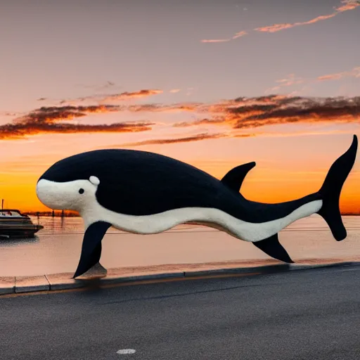 Image similar to photo of an enormous full sized needle - felted killer whale crossing a busy street golden hour