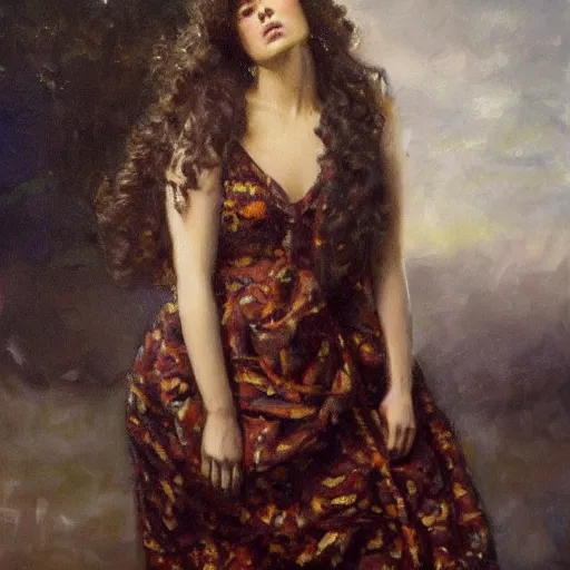 Image similar to a oil painting of a fair skin with dark curly stylised hair queen wearing dress, by frederick william elwell, highly detailed, realistic, concept art, jewels, oriental, desaturated