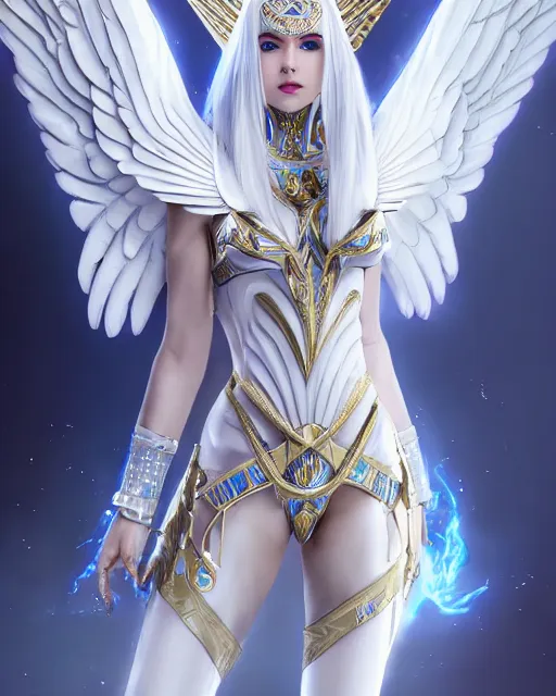 Image similar to perfect ornate white haired attractive egyptian goddess with huge white dove wings, warframe armor, beautiful, symmetric, dreamy, half asian, pretty face, blue eyes, detailed, scifi platform, laboratory, experiment, 4 k, ultra realistic, epic lighting, android body, illuminated, cinematic, masterpiece, art by akihito tsukushi, voidstar