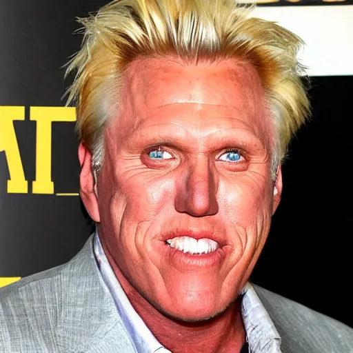 Image similar to Gary Busey symmetrical face, headshot, sad