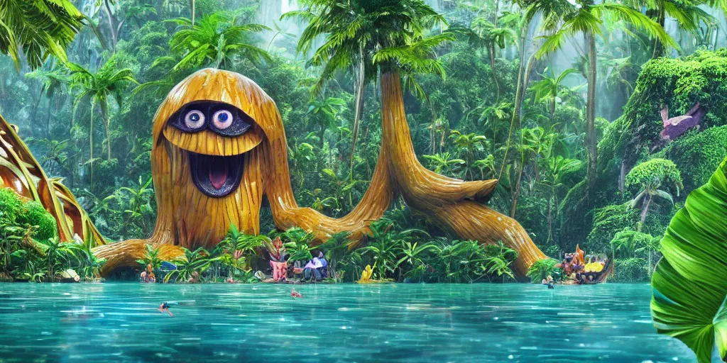 Image similar to of a tropical rainforest lake with strange cute friendly happy creatures with huge eyes, mouth, long tongue, round teeth and goofy face, appearing from the water, in the style of gehry and gaudi, macro lens, shallow depth of field, ultra detailed, digital painting, trending artstation, concept art, illustration, cinematic lighting, photorealism, epic, octane render