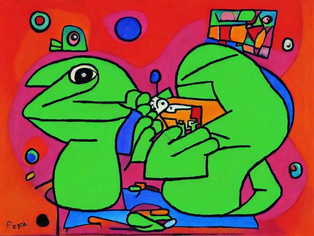 Prompt: portrait of a cyclops pepe! the frog! drinking coffee in the style of kandinsky, oil painting