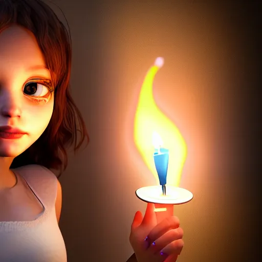 Image similar to A cute girl holding a glowing candle, fragile, soft, vray, hyperdetailed, 3d character, game character